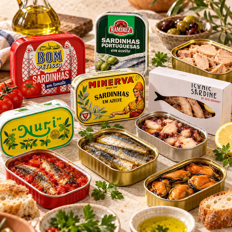 Portuguese canned seafood collection with sardines, tuna, octopus and mussels