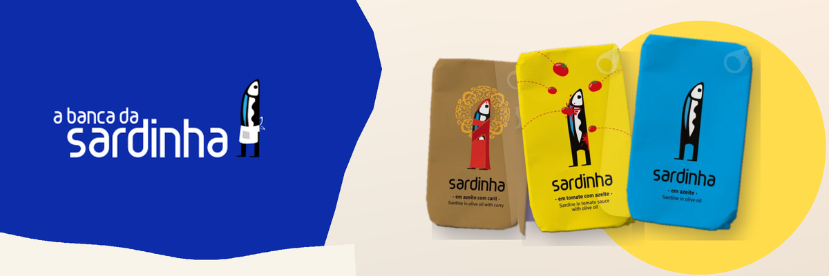 A Banca da Sardinha logo and original Sardinha sardine packages in blue, yellow and brown