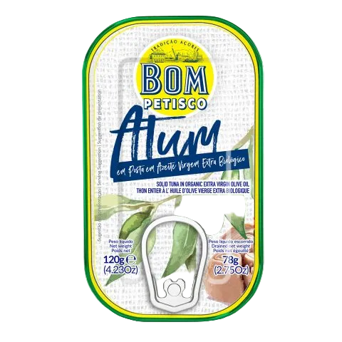 Bom Petisco Atum tuna packaging with olive leaves on a white background