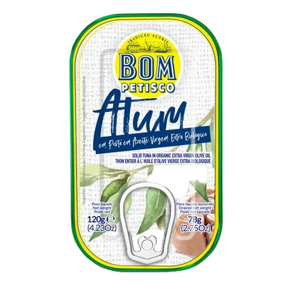 Bom Petisco Atum tuna packaging with olive leaves on a white background