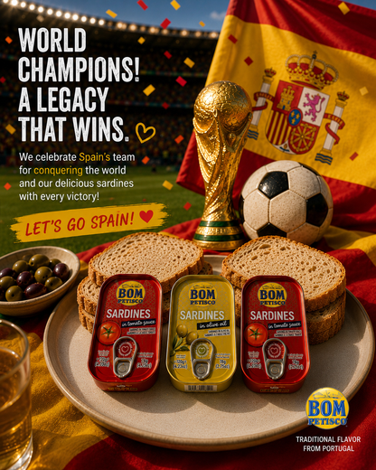 🏆🇪🇸 Zestaw degustacyjny portugalskich sardynek Bom Petisco (3 x 120g) – Edycja z flagą hiszpańskich mistrzów świata