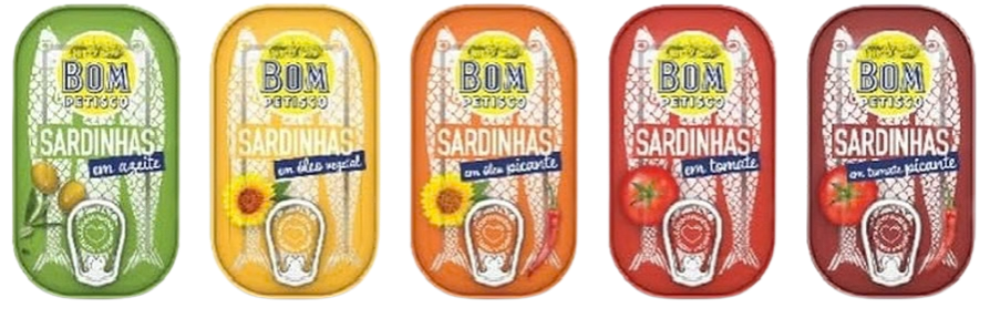 Five tins of Bom Petisco sardines in various flavors arranged in a row.