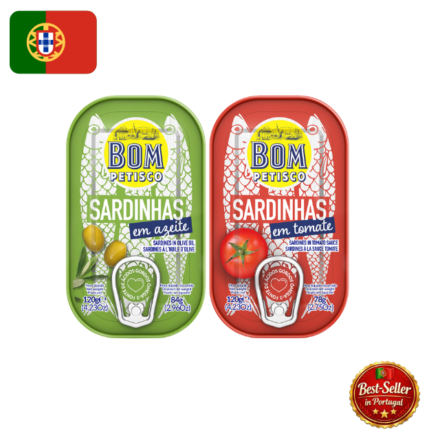 🇵🇹 Bom Petisco portugāļu sardīņu degustācijas komplekts (2 x 120g) – PT karoga izdevums