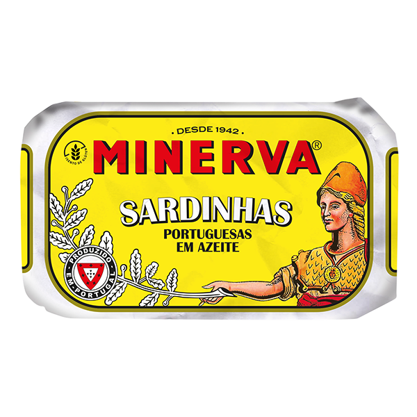 Minerva sardine can label with a yellow background and Roman numeral design.