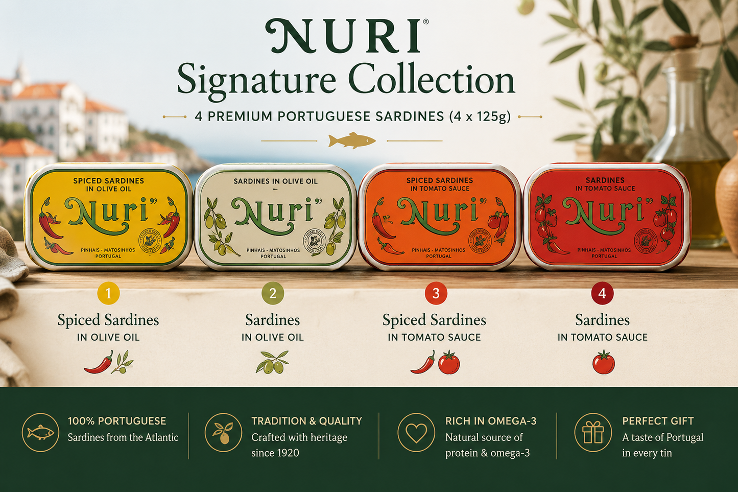 NURI Signature kolekcija – 4 izcilas Portugāles sardīnes (4 × 125g)