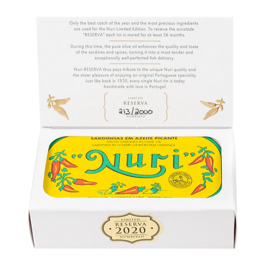 NURI Reserva 2020 limited edition spiced Portuguese sardines — original collectible tin and gift packaging