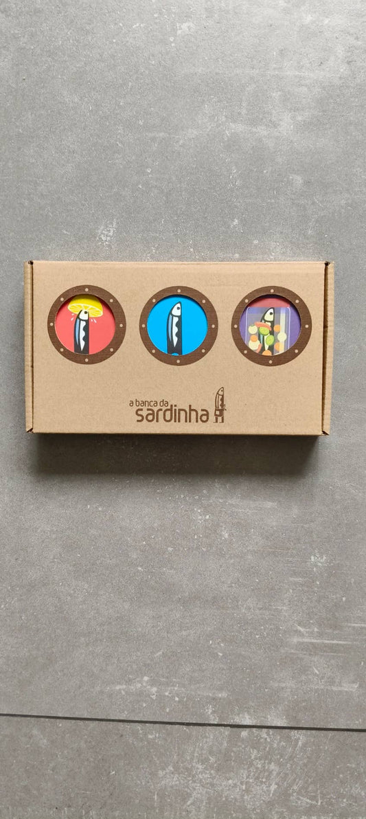 Sardinha 3-tin Portuguese sardines tasting gift box with olive oil, lemon and spicy pickles varieties